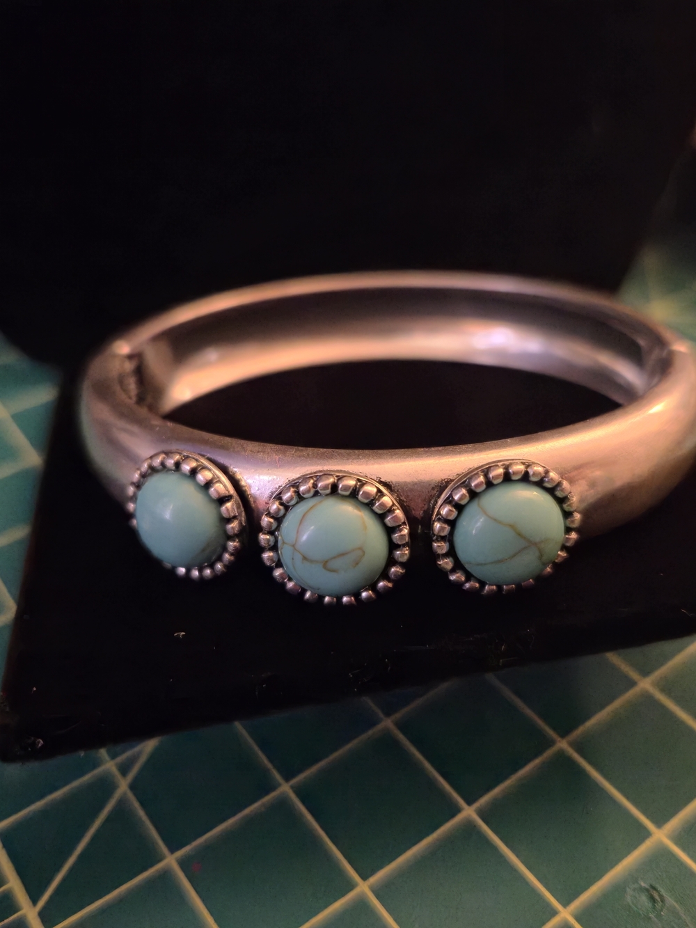Silver Tone Cuff Hindged Bracelet with 3 Turquoise Stones High Quality
